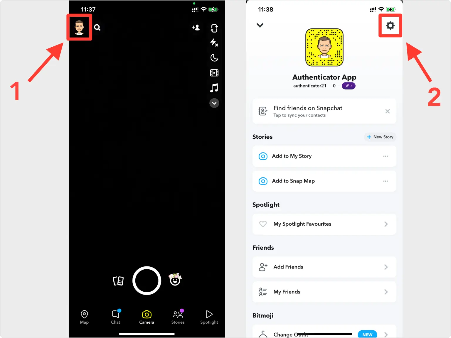 Snapchat profile screen with the gear icon in the top-right corner