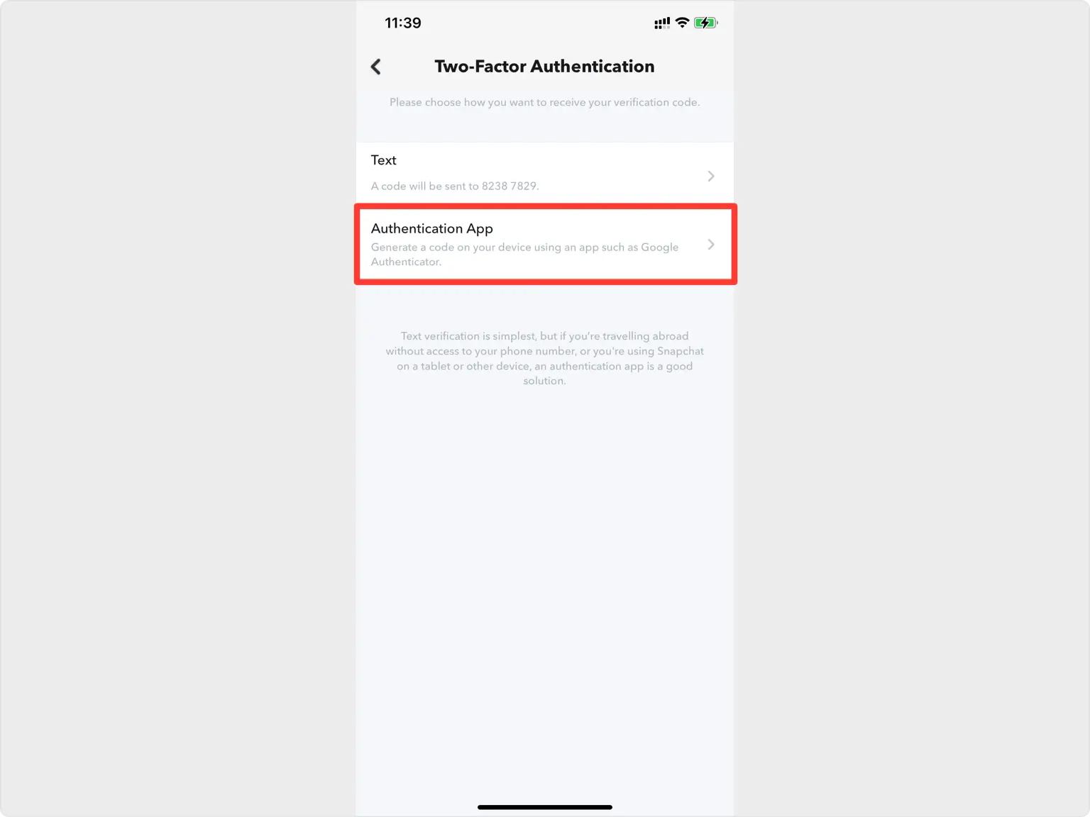 Snapchat security method options with Authentication App selected
