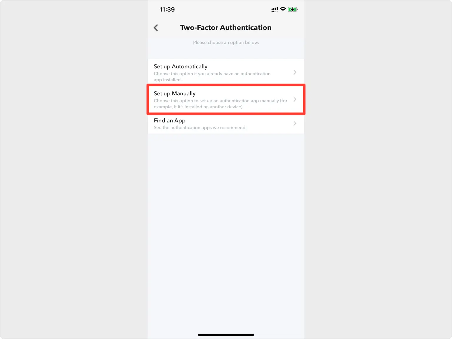 Snapchat authentication app screen with the Set up Manually option