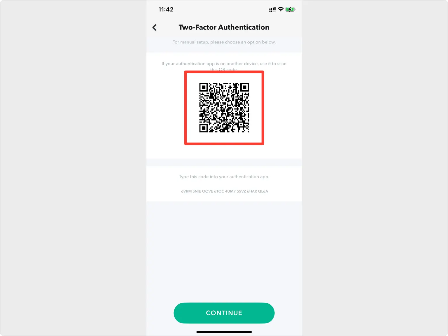 Snapchat pop-up showing a QR code for the authentication app