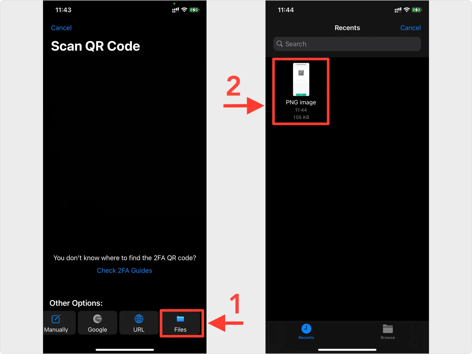 Authenticator App - Novaz add menu with the Files option for importing a QR code image