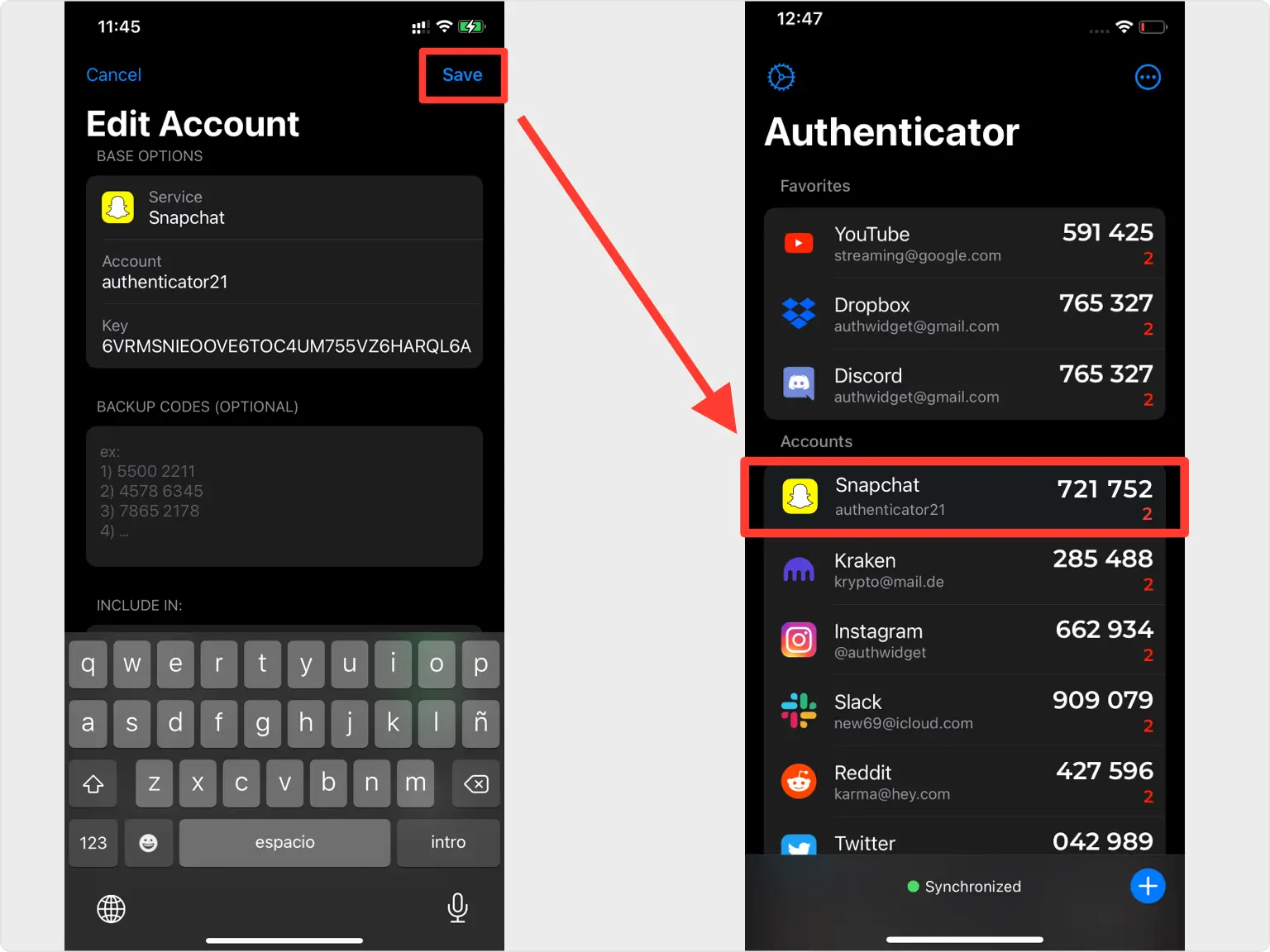 Snapchat account details filled in automatically in Authenticator App - Novaz, with a Save button