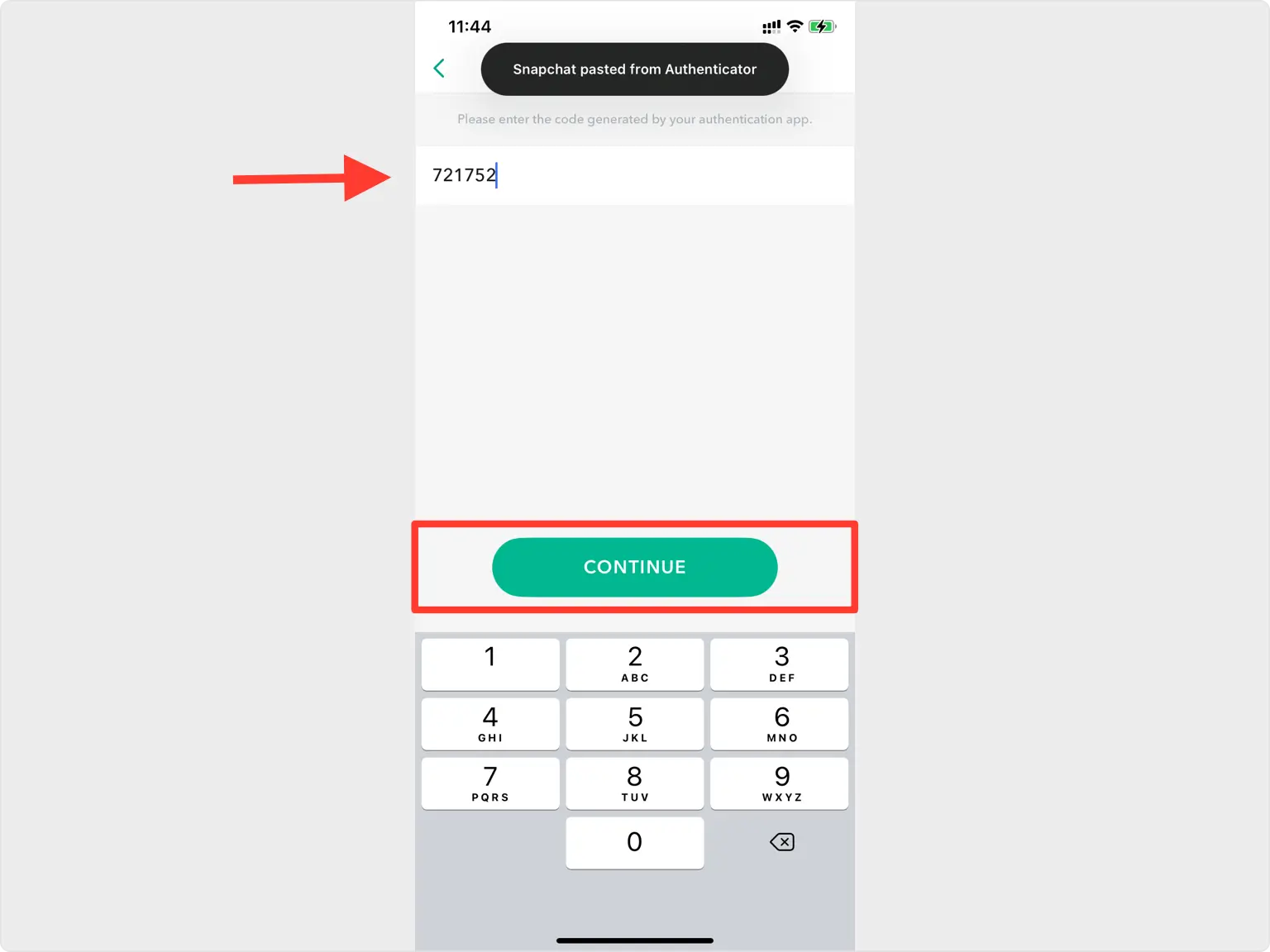 Snapchat code entry screen with the Continue button