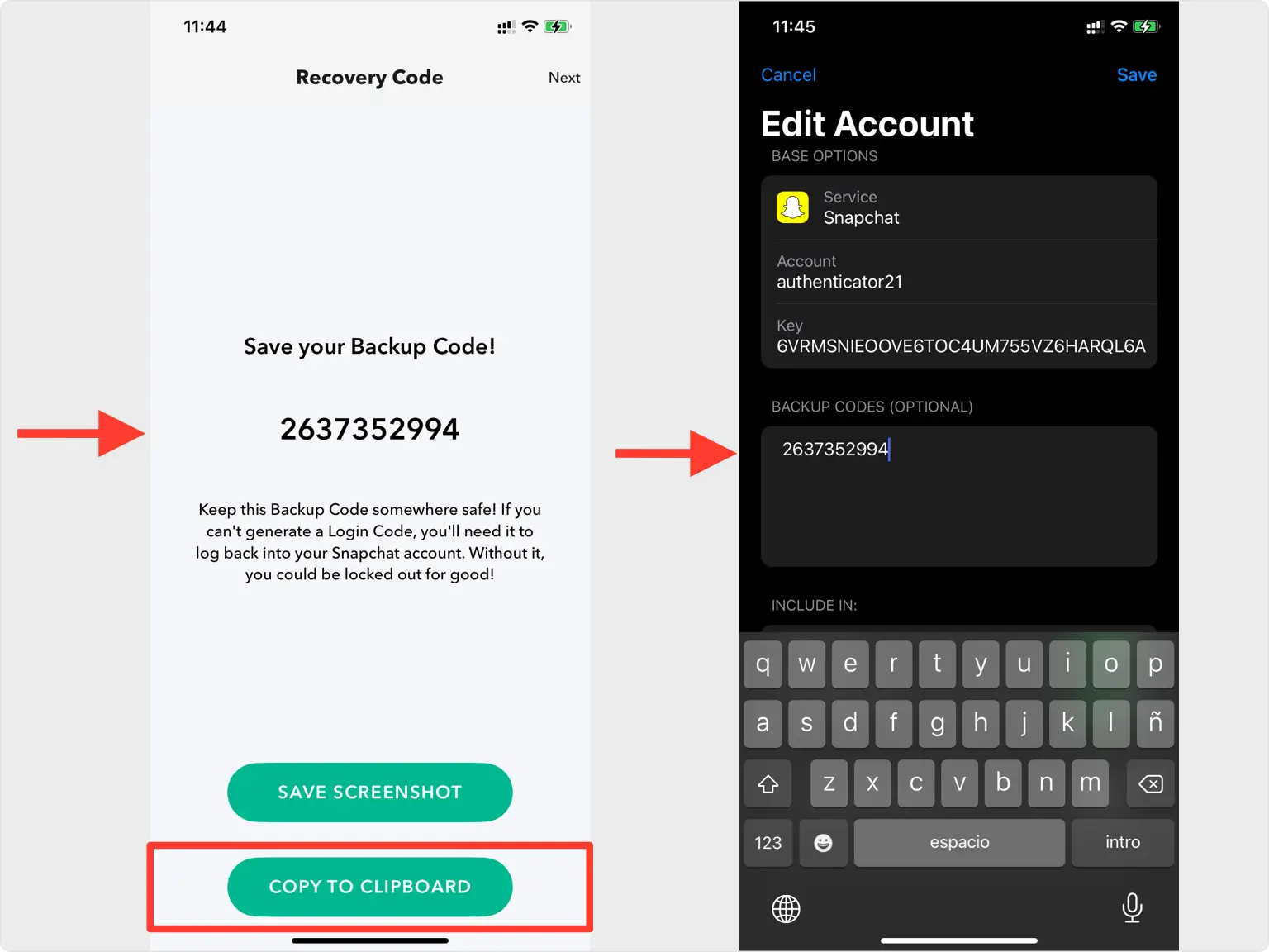 Snapchat screen displaying a backup code and a Next button