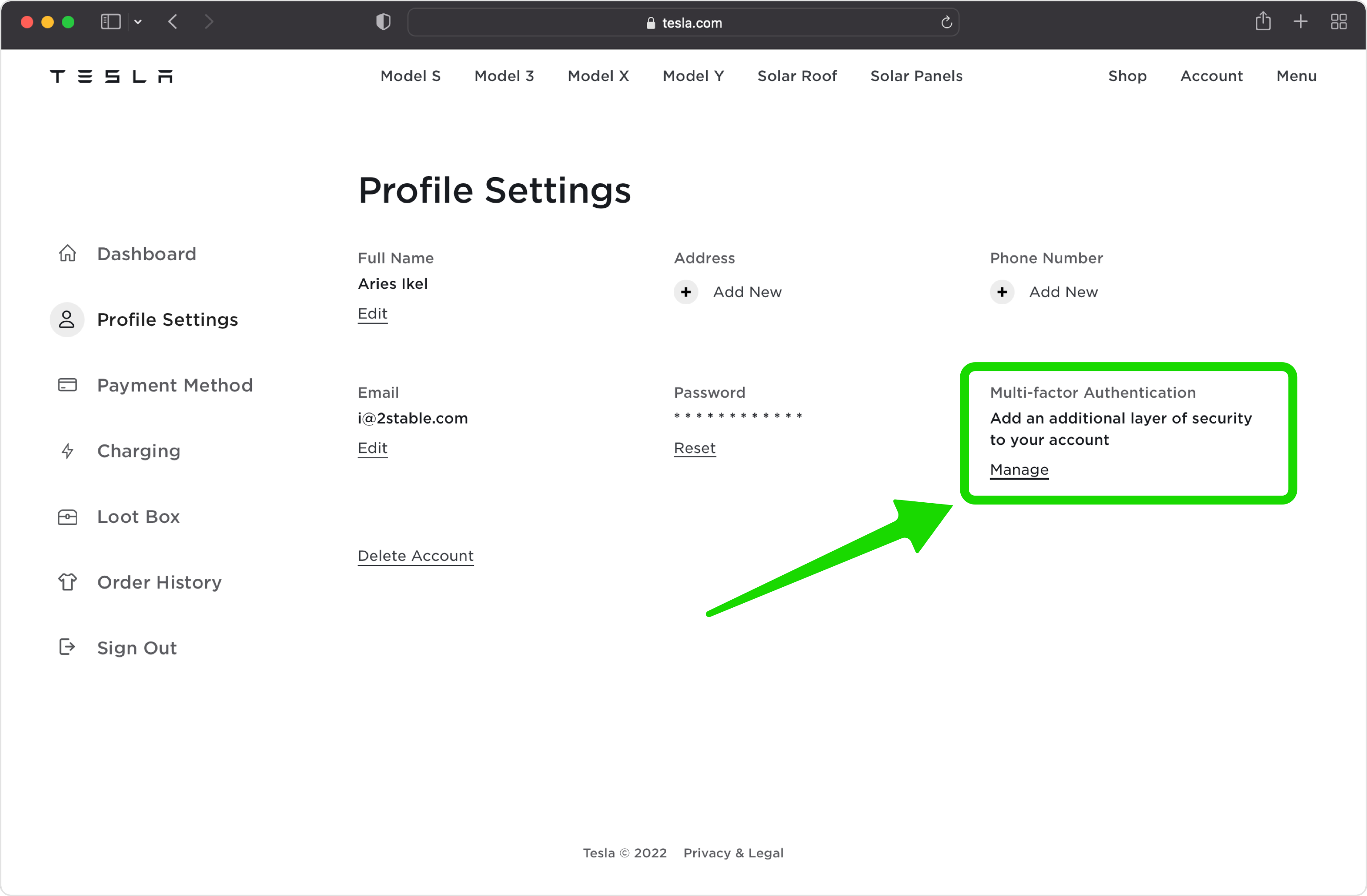 tesla 2FA setup — Set up Multi-Factor Authentication