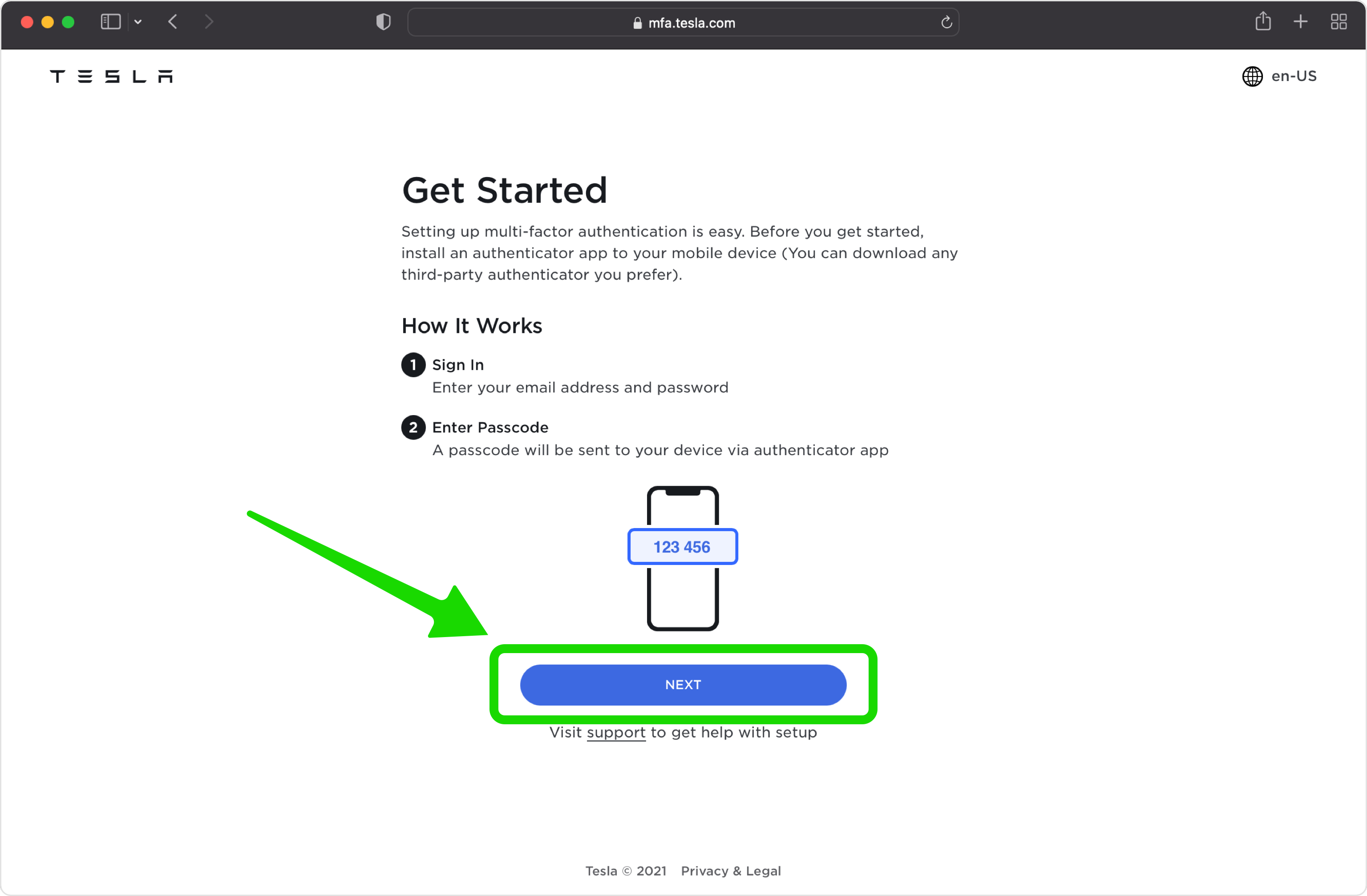 tesla 2FA setup — Next Page