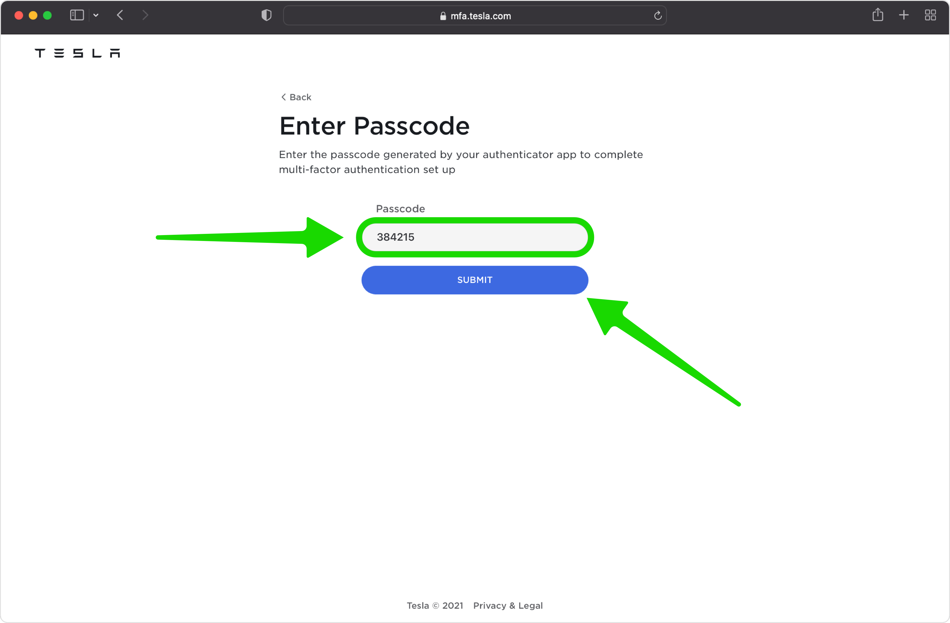 tesla 2FA setup — Verify Your 2FA Code