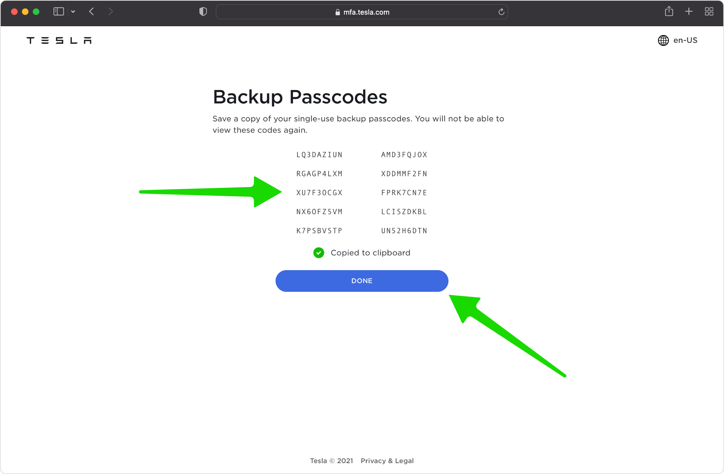 tesla 2FA setup — Save Recovery Codes