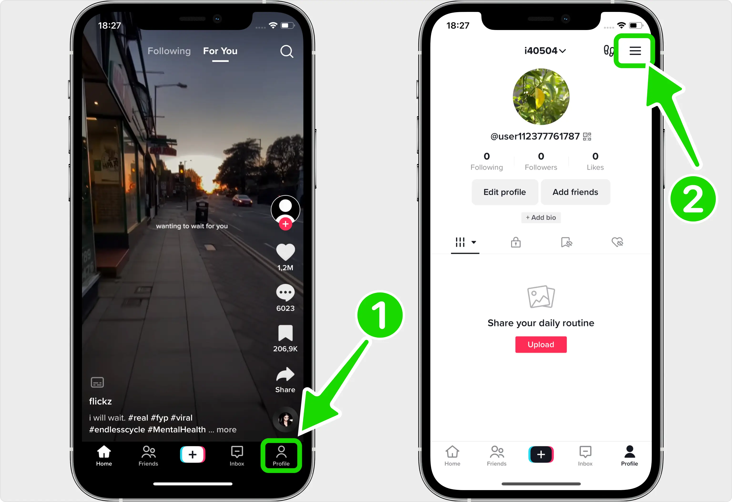 TikTok profile page with the three-line menu icon at the top right