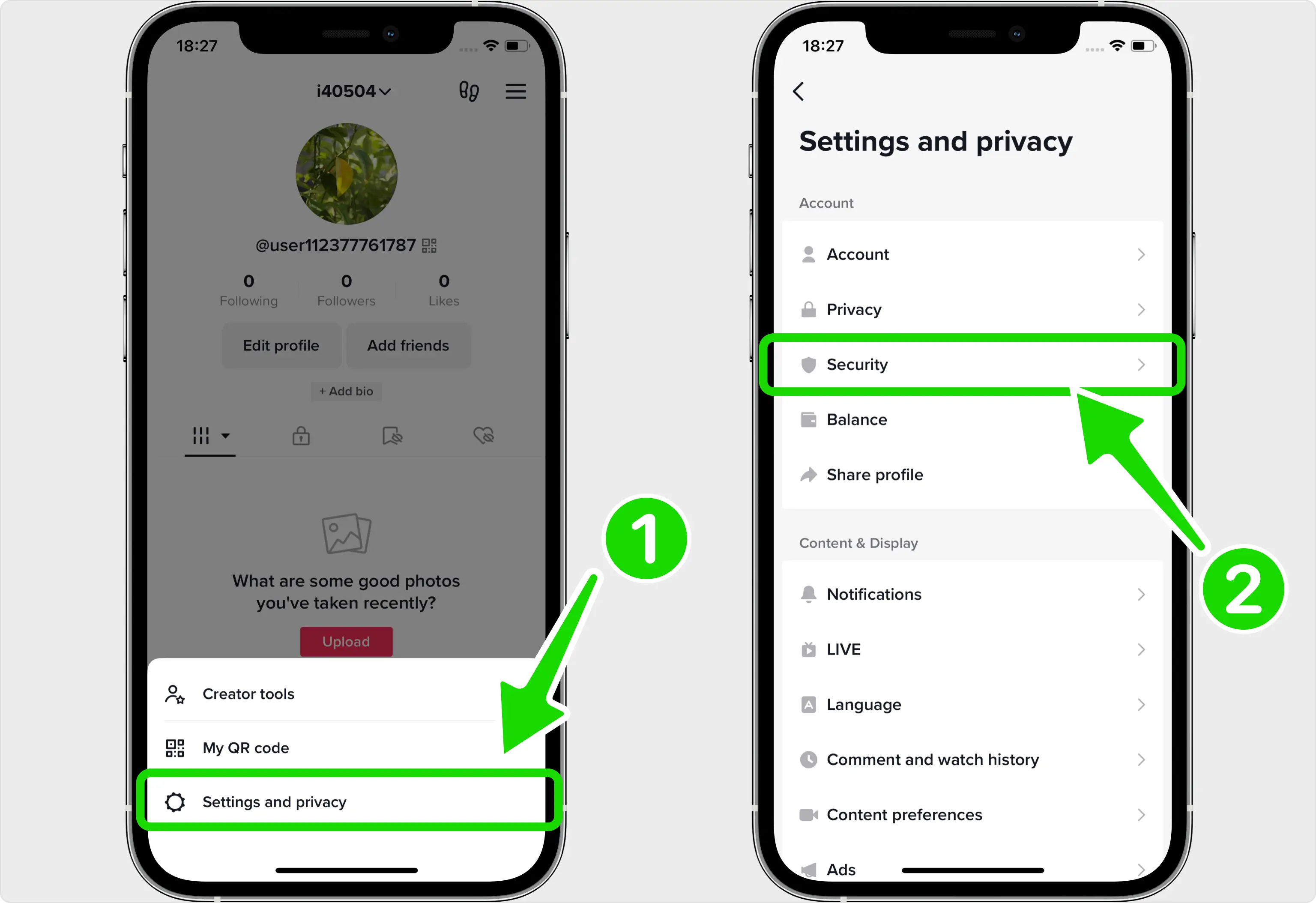 TikTok Settings and privacy menu with the Security option