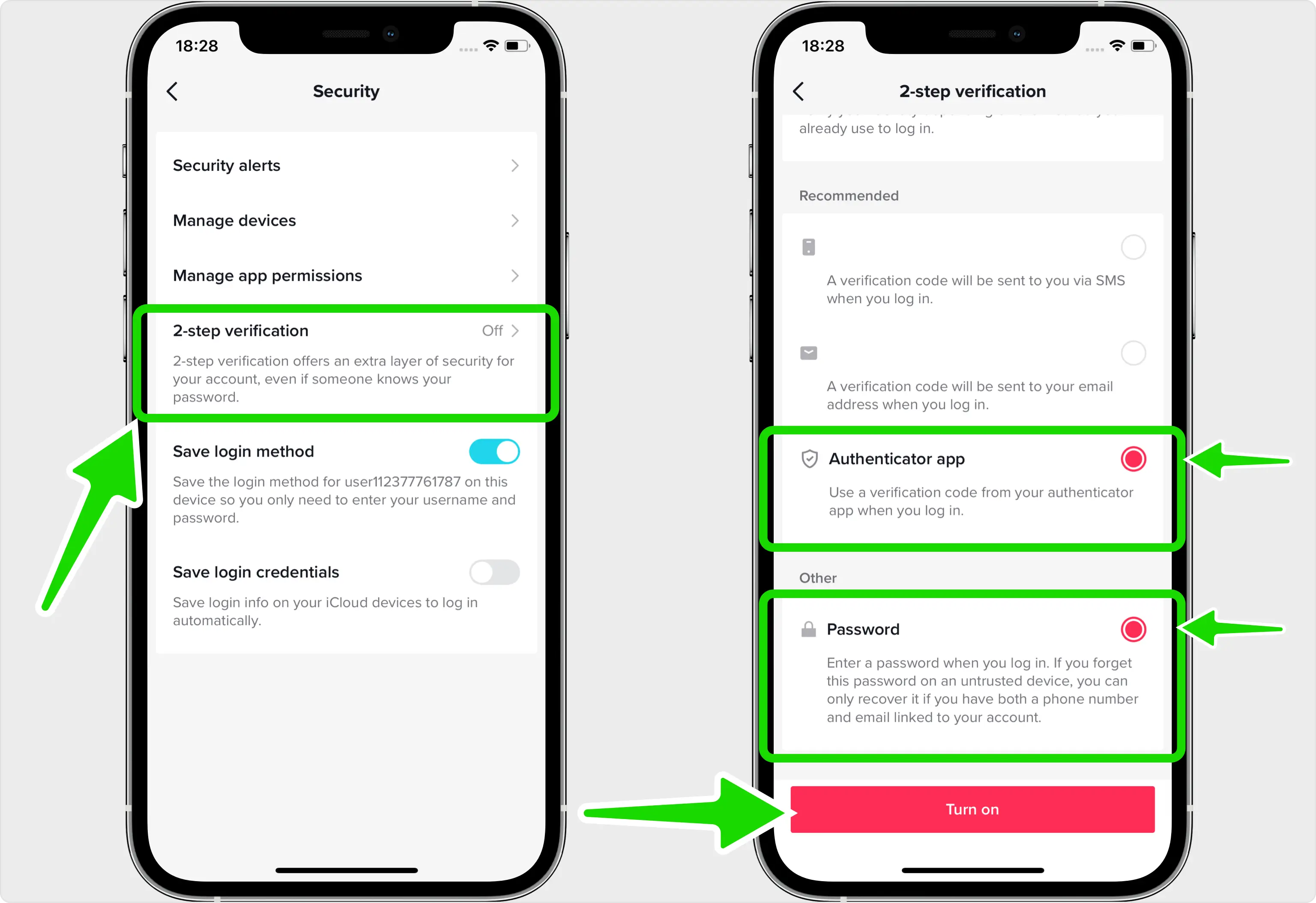 TikTok 2-step verification screen with Password and Authenticator app checked and a Turn On button