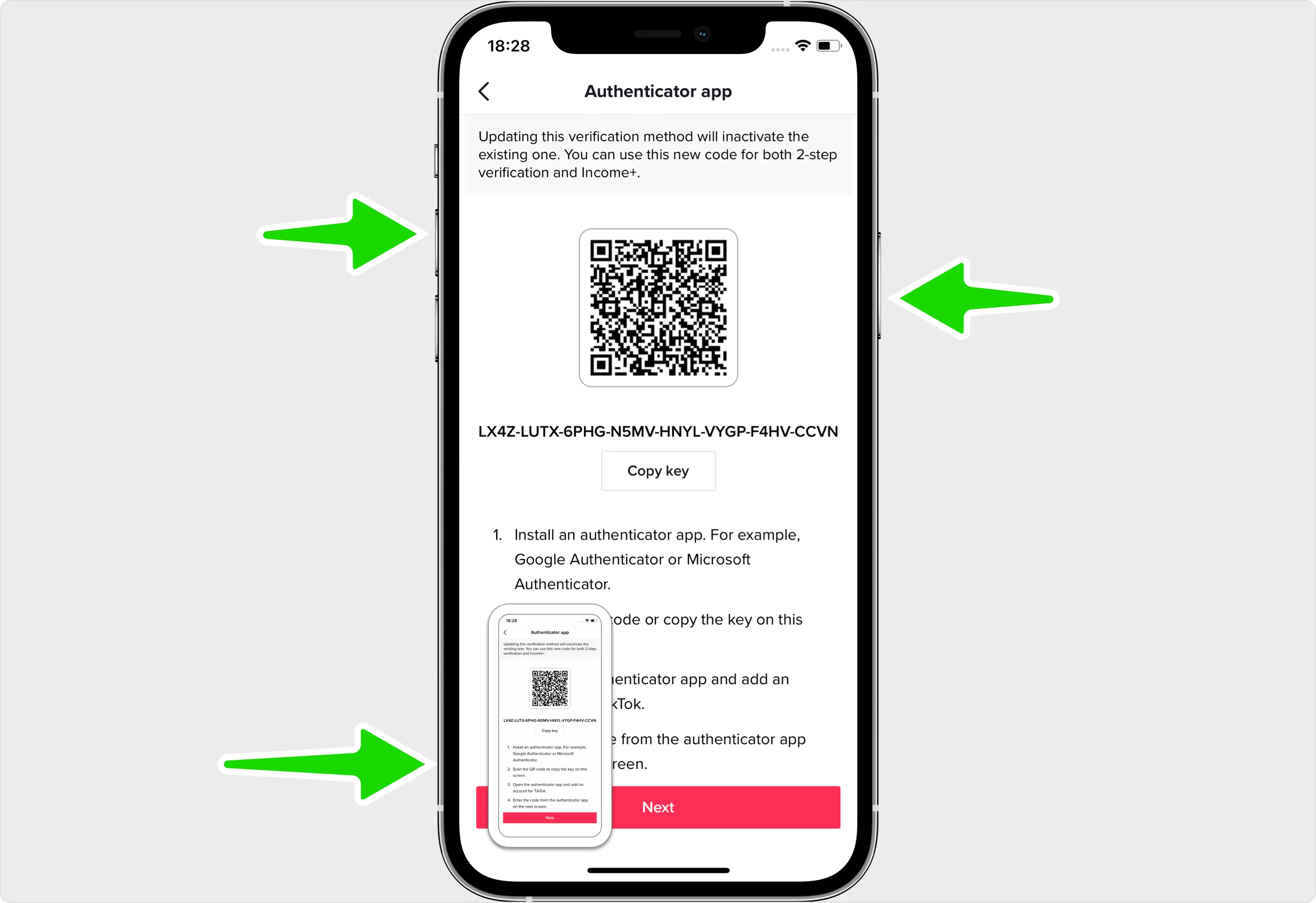 TikTok authenticator app setup screen displaying a QR code
