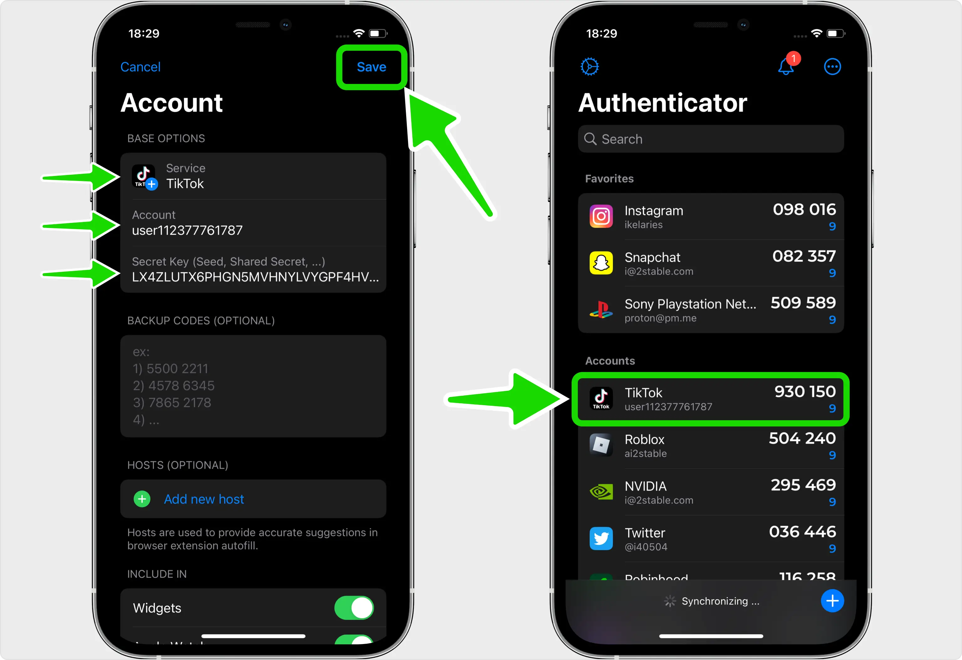 TikTok account in Authenticator App - Novaz with logo and details filled in, ready to save