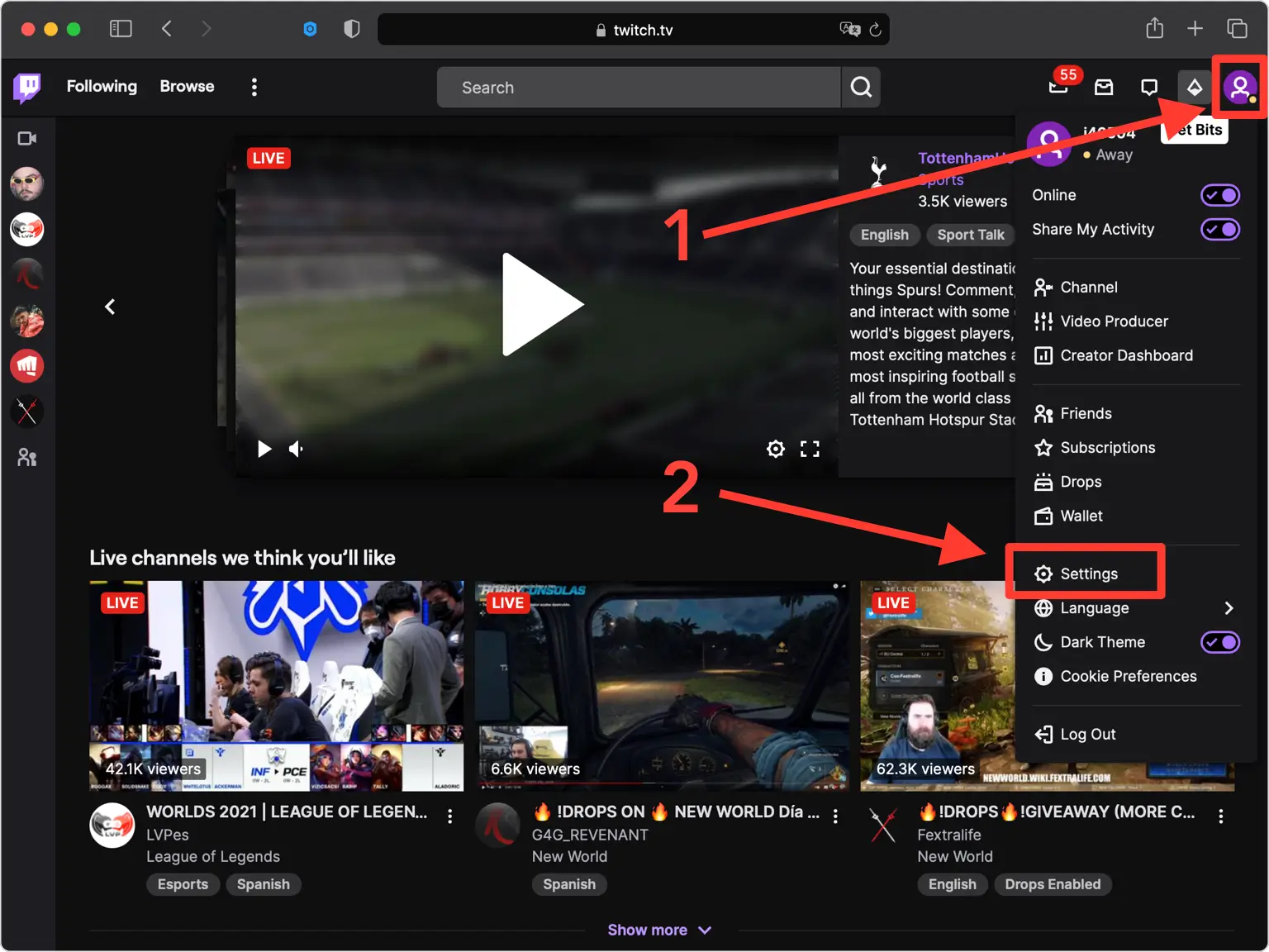 Twitch profile drop-down menu with Settings highlighted