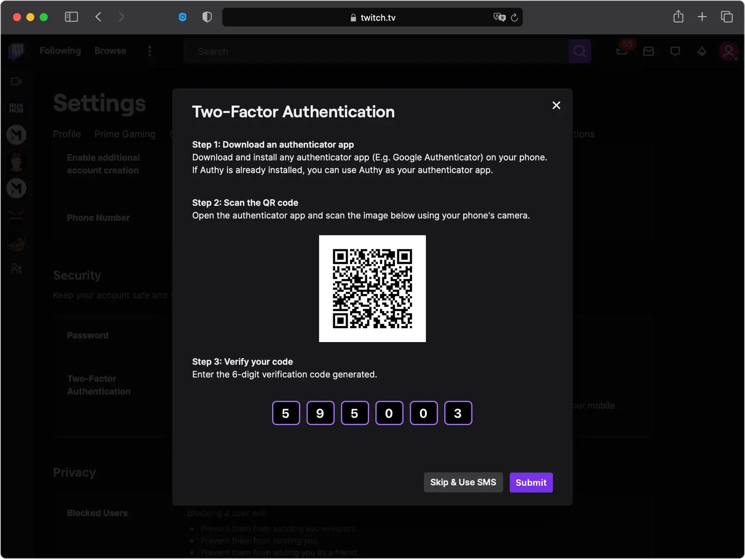 Twitch verification field with a 6-digit code entered