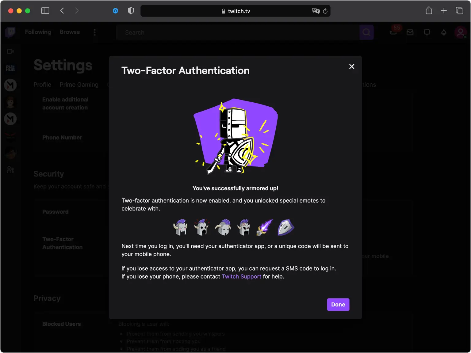 Twitch confirmation that two-factor authentication is enabled, with a Done button
