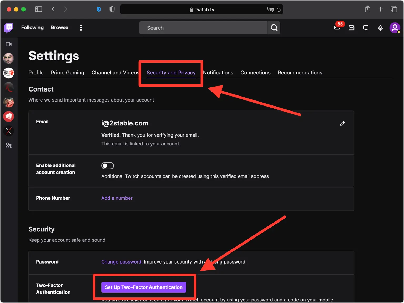 Twitch Security and Privacy settings with the Set Up Two-Factor Authentication button