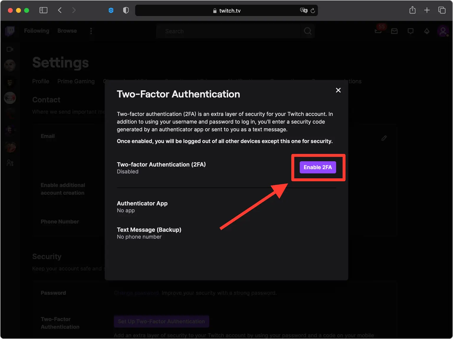 Twitch two-factor authentication screen with an Enable 2FA button