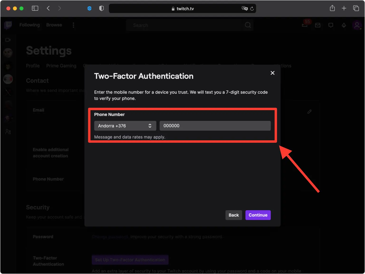Twitch form asking for a mobile phone number with a Continue button