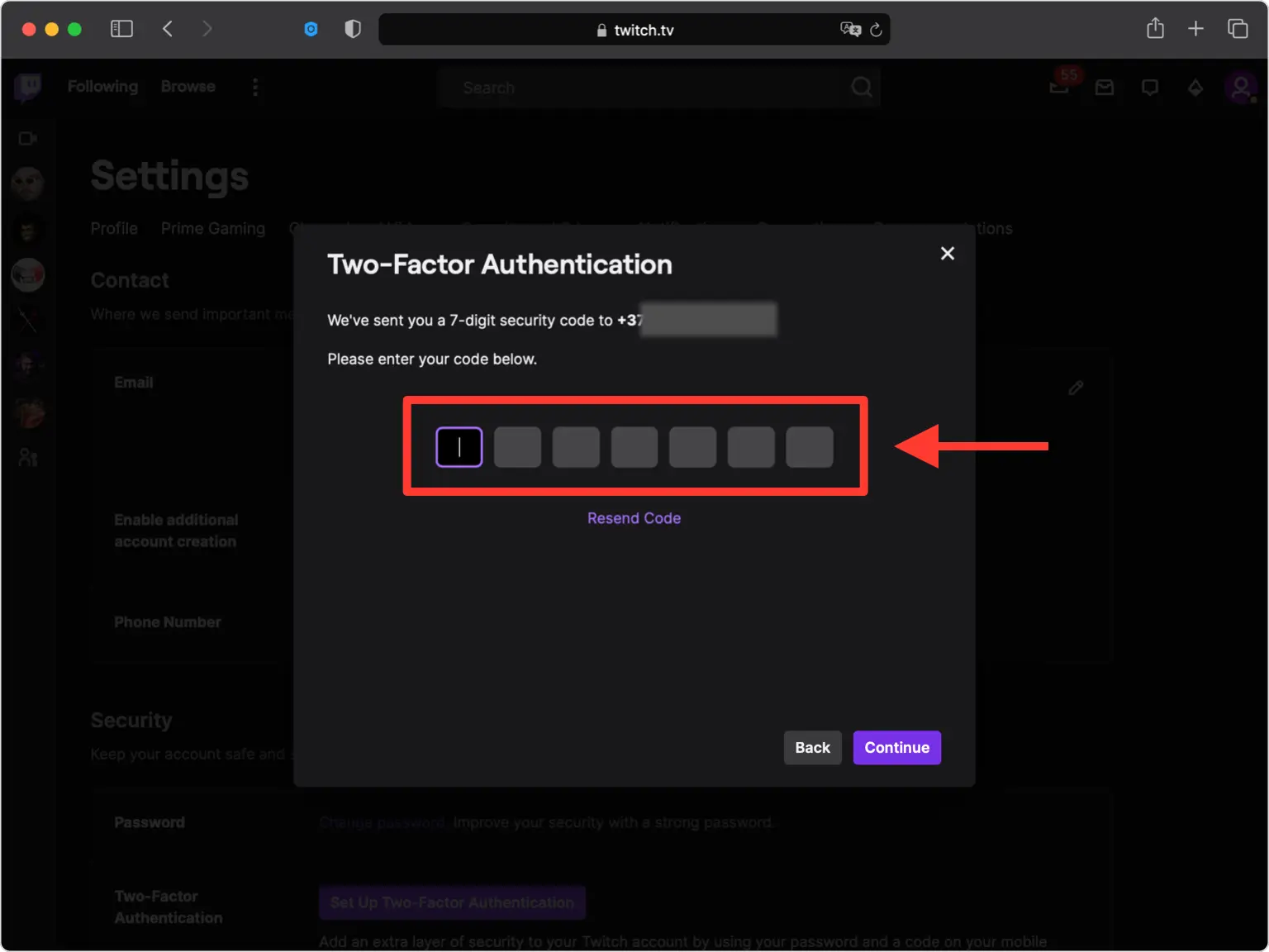 Twitch phone verification field for the 7-digit SMS code