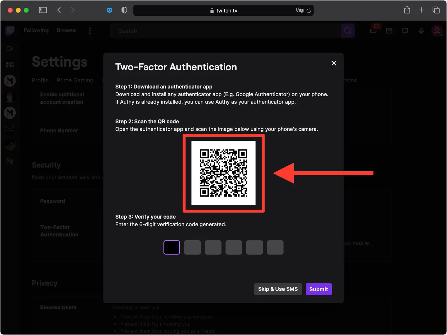 Twitch pop-up window displaying a QR code for an authenticator app