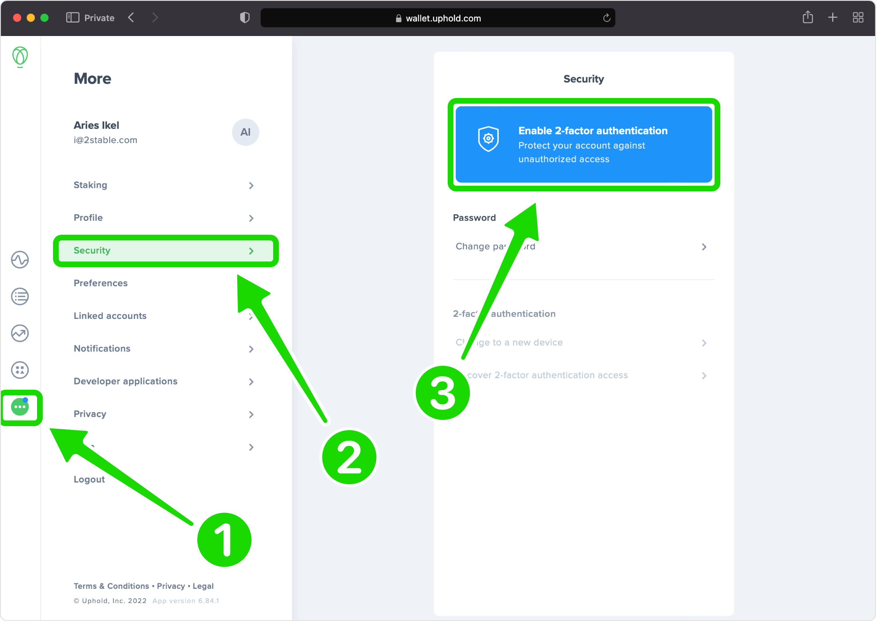 uphold 2FA setup — Locate 2FA Settings