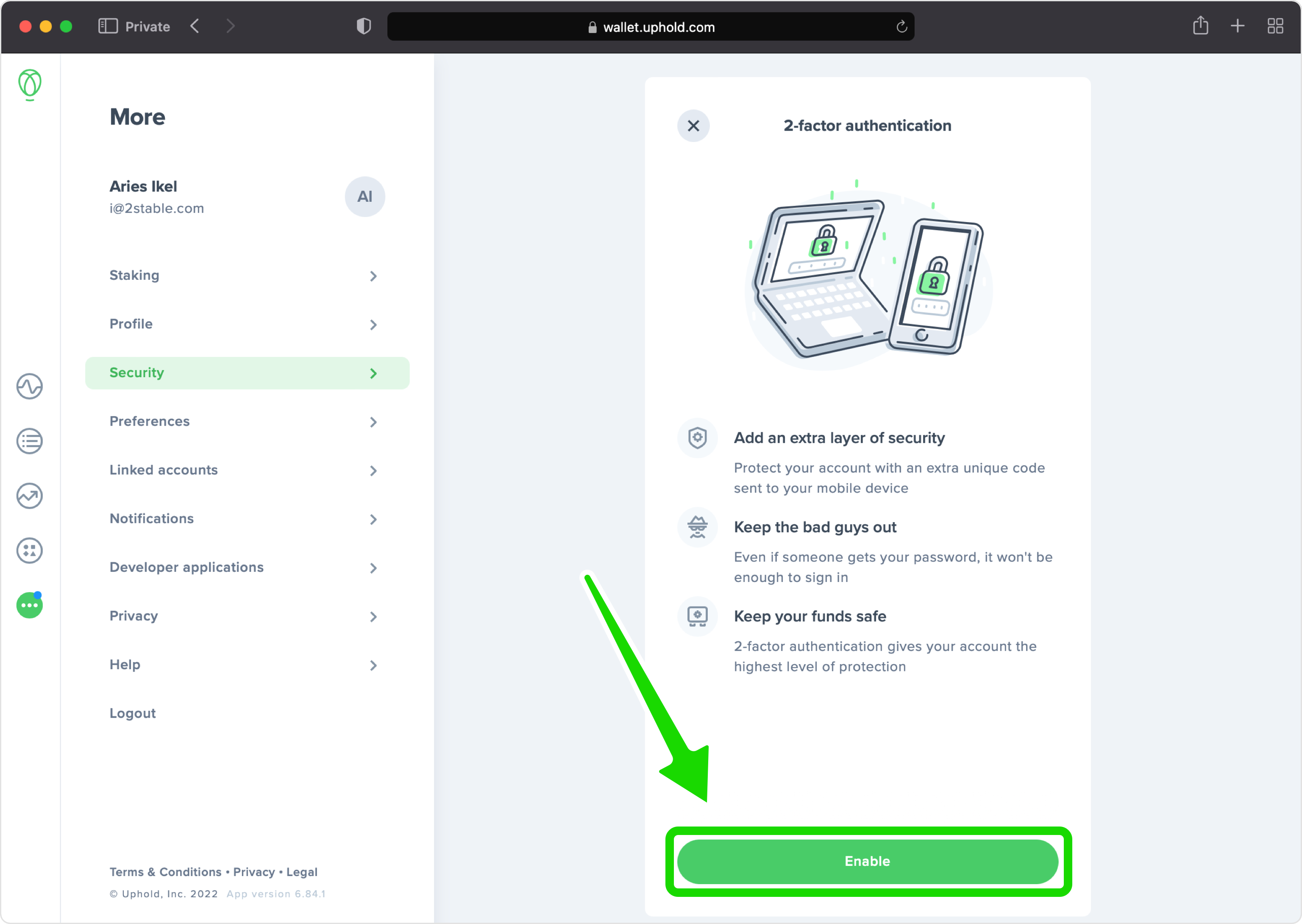 uphold 2FA setup — Enable 2FA
