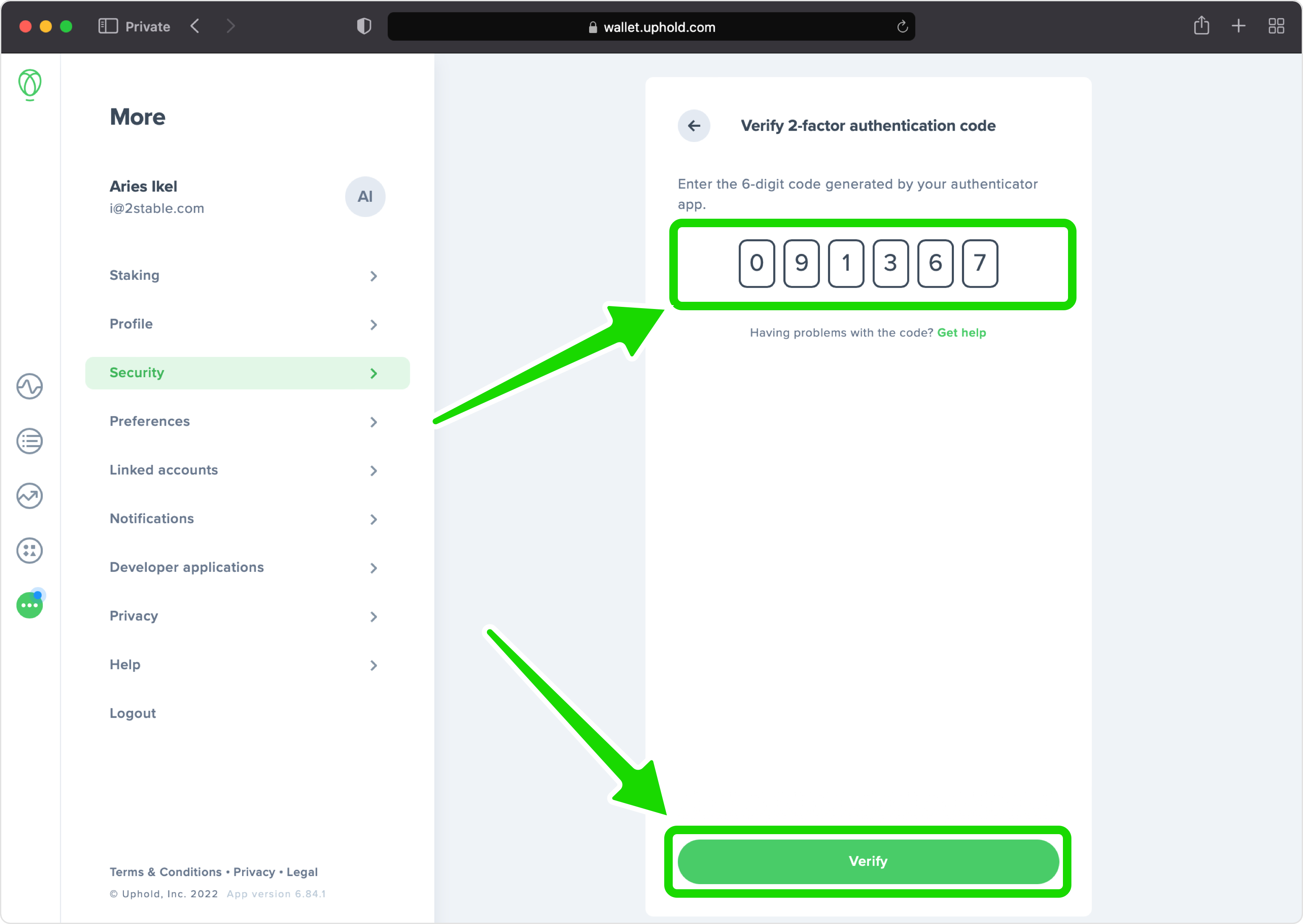 uphold 2FA setup — Verify 2-Factor Authentication Code