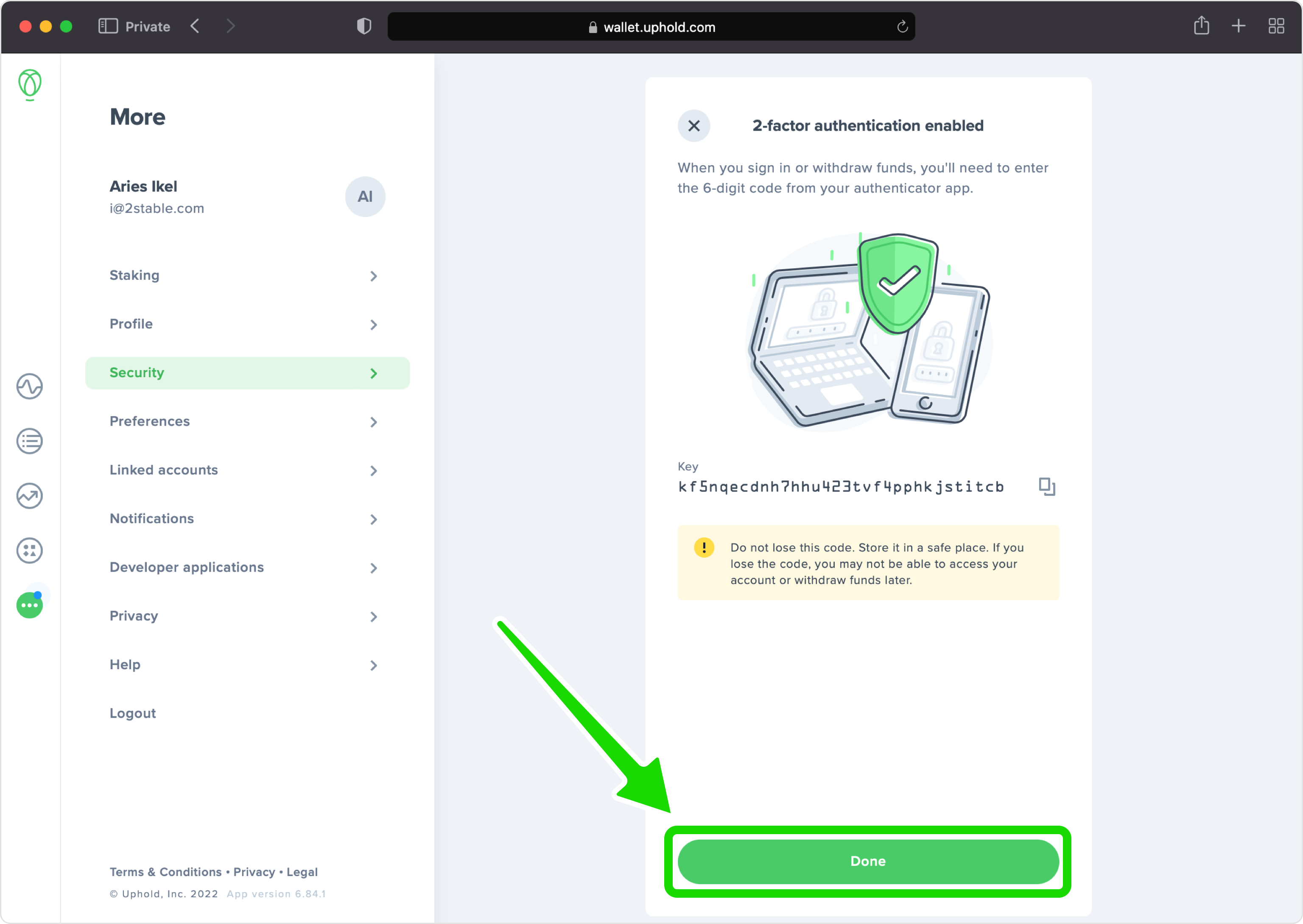 uphold 2FA setup — 2-Factor Authentication Enabled