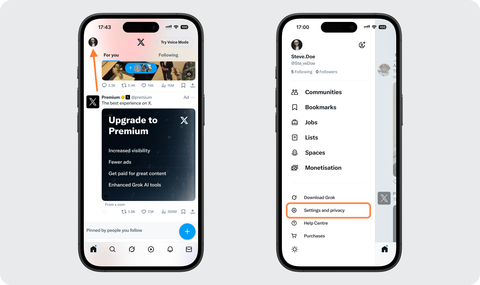 X app sidebar with Settings and privacy highlighted