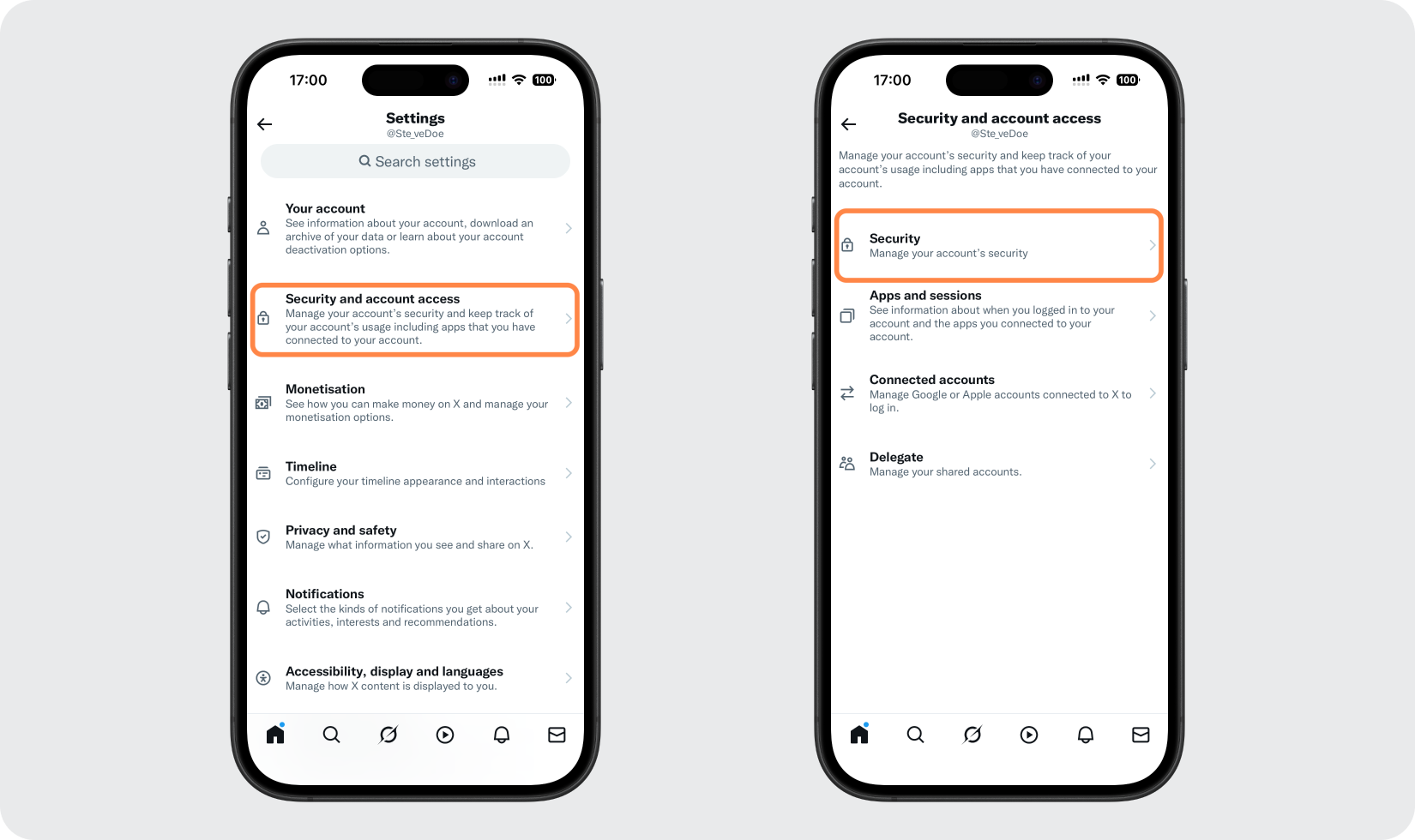 X Security and account access menu with the Security option