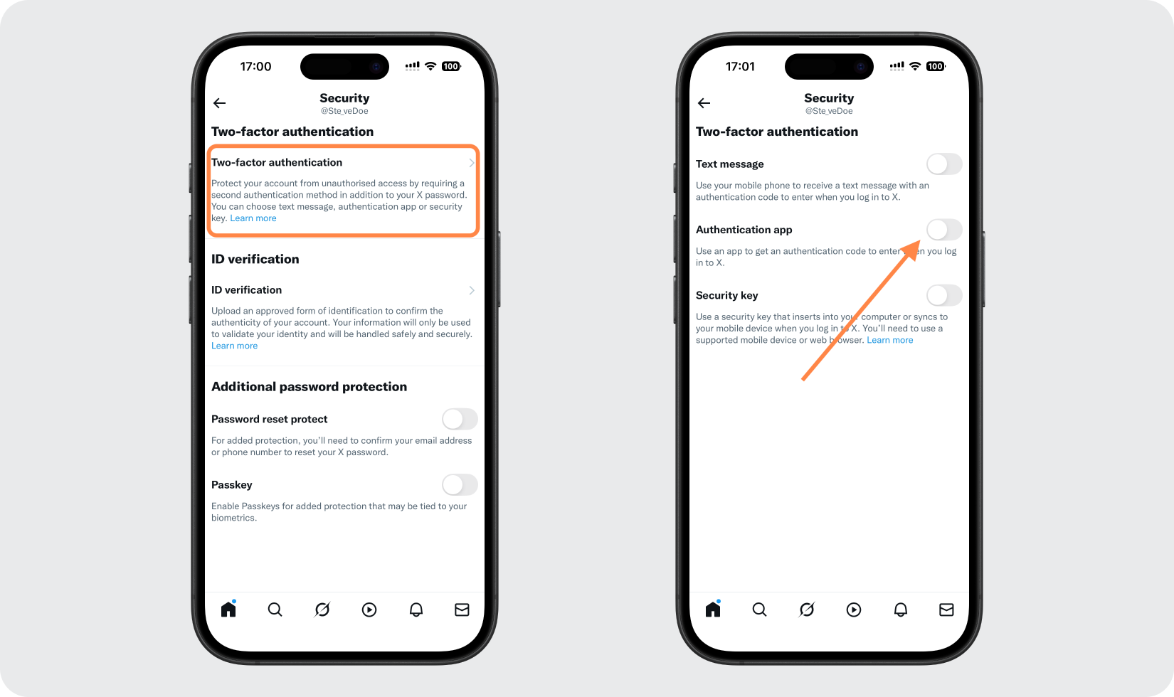 X two-factor authentication options with the Authentication app toggle