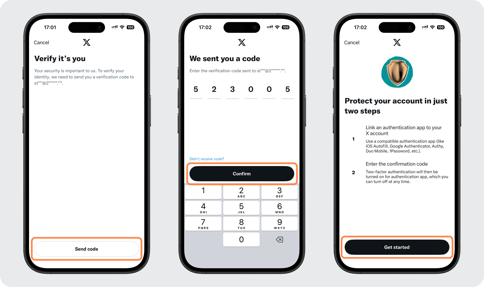 X identity check followed by a Get started button