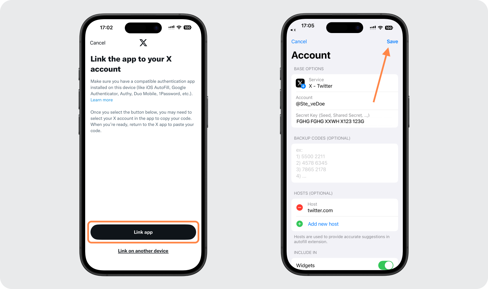 Authenticator App - Novaz showing the linked X account details with a Save button