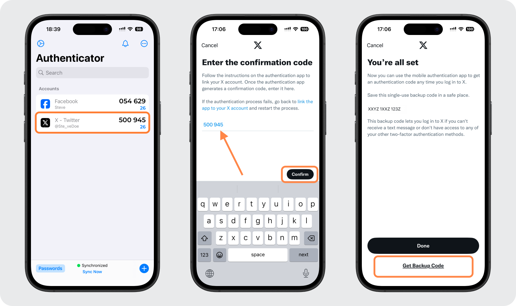 X confirmation screen with a pasted code and a Confirm button