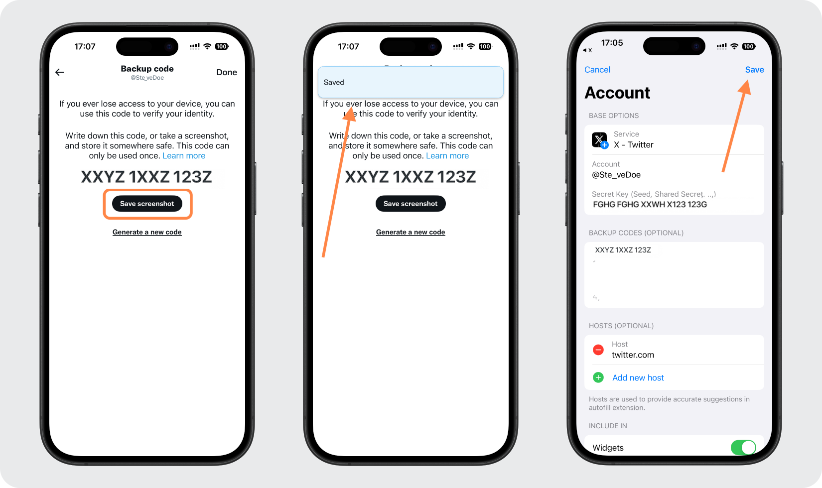 X backup code screen with a Save Screenshot button and confirmation pop-up